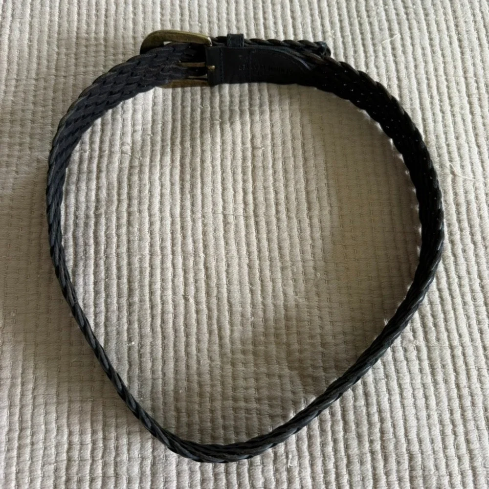 Braided Woven Leather Belt Womens M Black Genuine Leather Brass Buckle Vintage